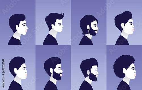 diversity men cartoons in side view in blue frames background design, people multiethnic race and community theme Vector illustration