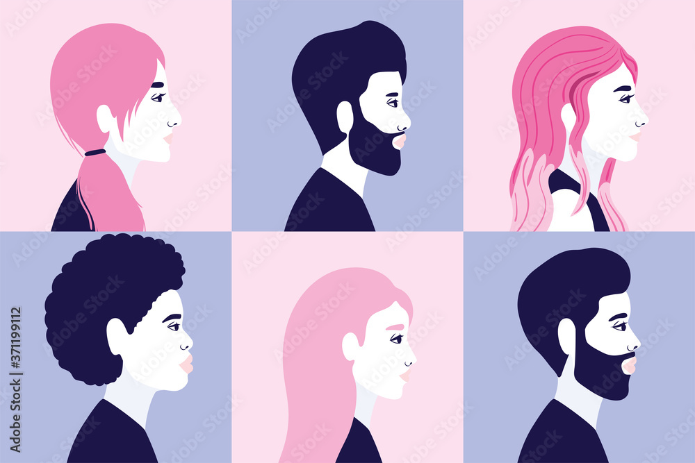 diversity 6 women and men cartoons silhouettes in side view in blue and pink frames background design, people multiethnic race and community theme Vector illustration diversity 6 women and men cartoons silhouettes in side view in blue and pink frames background design, people multiethnic race and community theme Vector illustration