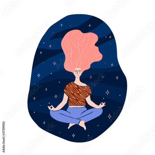 Young woman meditation in asana, stay home, go inside yourself, stay safe concept during coronavirus covid pandemia. Woman sitting in lotus pose, Yoga activity at home, relaxation, stay positive.