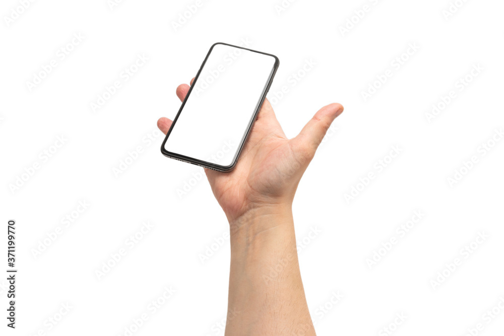 Smart phone in man hand isolated on white background. White screen. Smart phone in man hand isolated on white background. White screen.