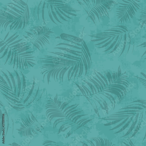 Vector turquoise seamless trendy wall background. Palm leaves silhouettes