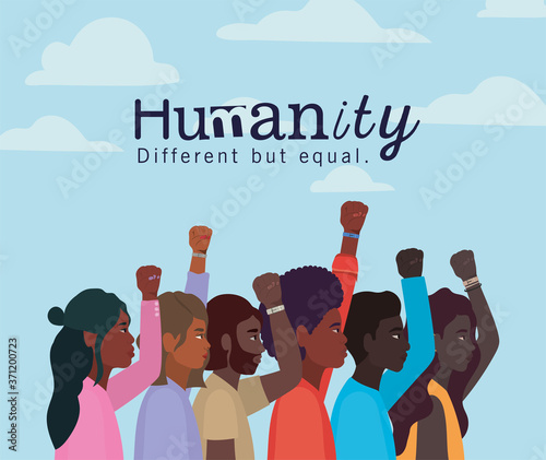 humanity women and men cartoons with fists up and clouds design, diversity people multiethnic race and community theme Vector illustration