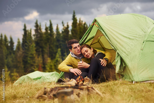 Enjoying hiking together. Majestic Carpathian Mountains. Beautiful landscape of untouched nature