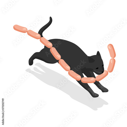 Isometric black cat steals delicious sausages. The cat runs away with a sausage in its mouth.