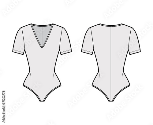 Stretch-jersey bodysuit technical fashion illustration with plunging V-neck, short sleeves, back zip fastening. Flat one-piece apparel template front, back, grey color. Women men unisex swimsuit CAD. 