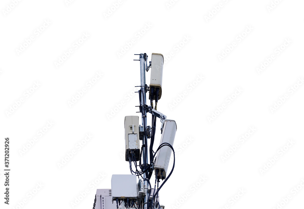 Telecommunication pole of 4G and 5G cellular. Base Station or Base Transceiver Station. 5G radio network telecommunication equipment with radio modules and smart antennas mounted on a metal. Telecommunication pole of 4G and 5G cellular. Base Station or Base Transceiver Station. 5G radio network telecommunication equipment with radio modules and smart antennas mounted on a metal.