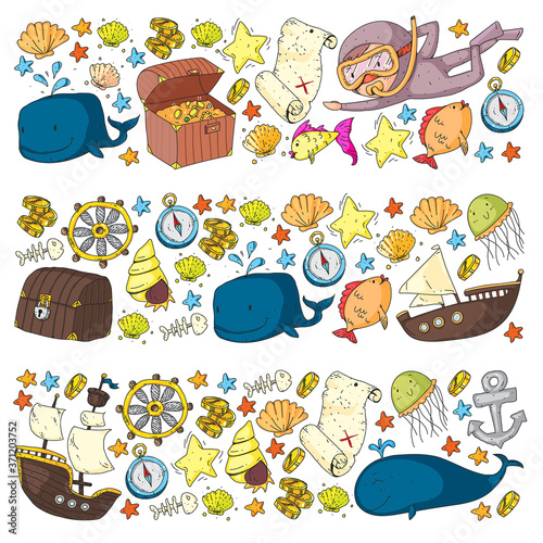 Vector icons of sea ocean adventure for little children. Nautical pattern for kids. Whale, pirates, pirate map, treasure chest, diving and fishes.
