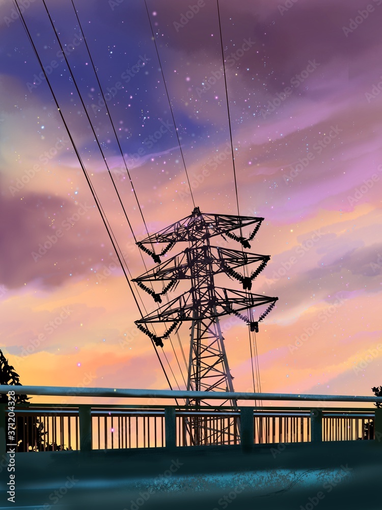 silhouette of electric tower and bridge in starry night