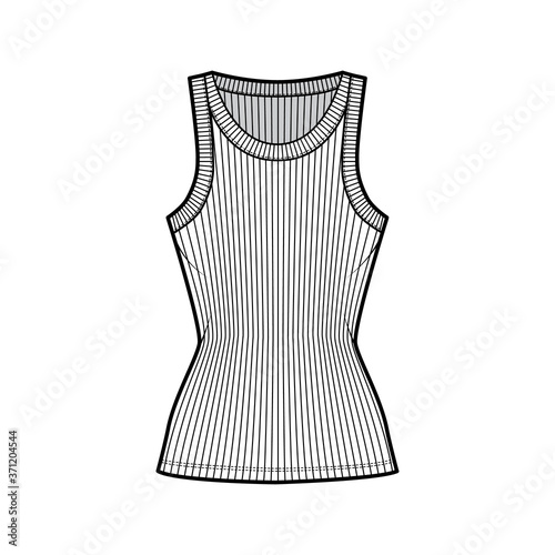 Obraz na plátne Ribbed cotton-jersey tank technical fashion illustration with wide scoop neck, fitted knit body, tunic length