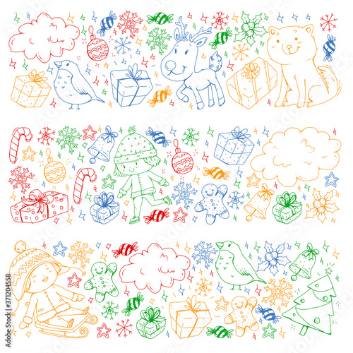 Christmas winter vector background with children. Kids vacation and sport.