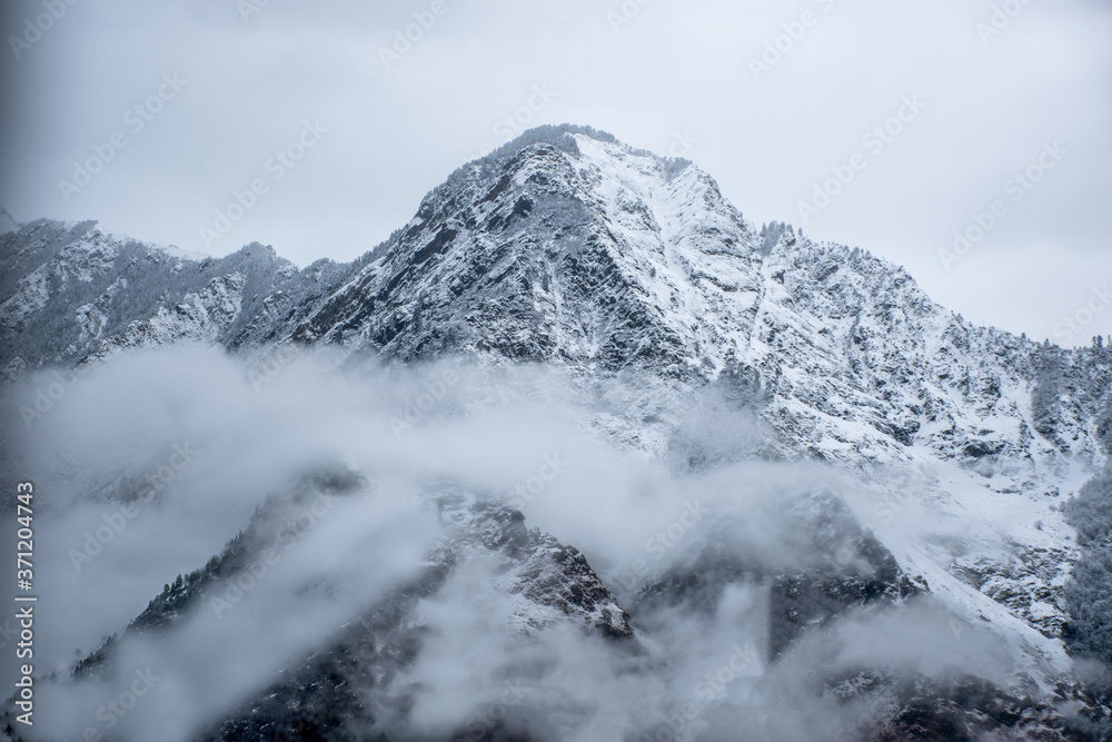Snow covered mountains in winter, Auli, Joshimath, Uttarakhand, India