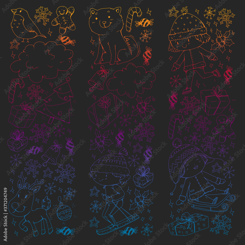 Fototapeta premium Christmas winter vector background with children. Kids vacation and sport.