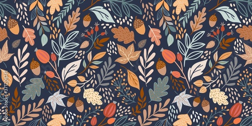 Autumn seamless pattern with different leaves and plants, seasonal colors photo