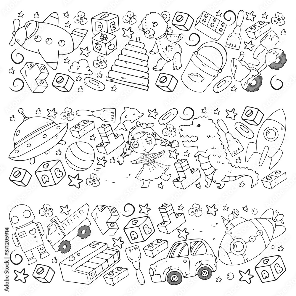 Obraz premium Set of vector toys for little children. Ufo, submarine. Cartoon dinosaur. Kindergarten kids.