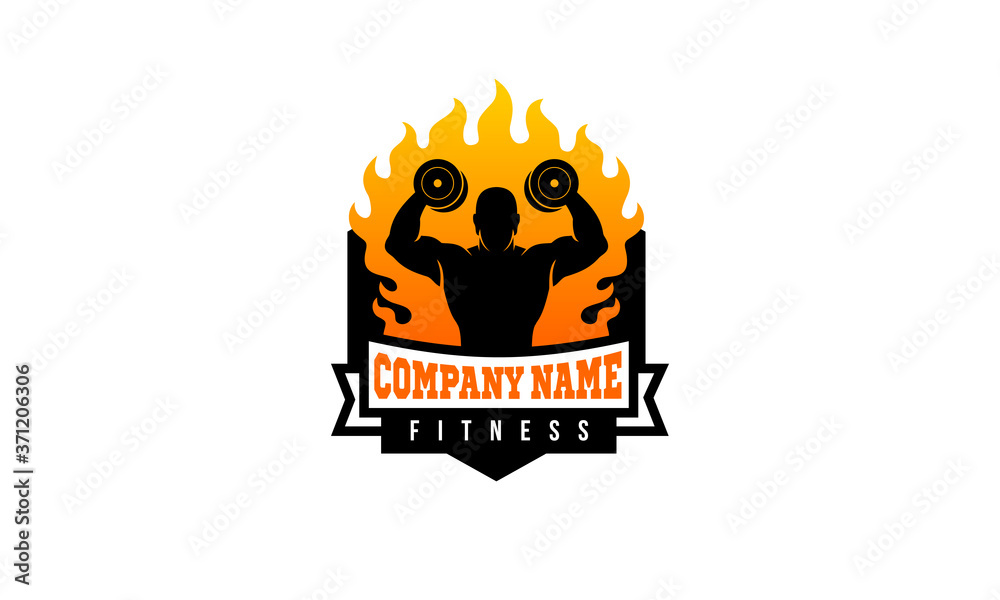 Fire Fitness Logo - Man Gym Icon - Flame Workout Vector Illustration