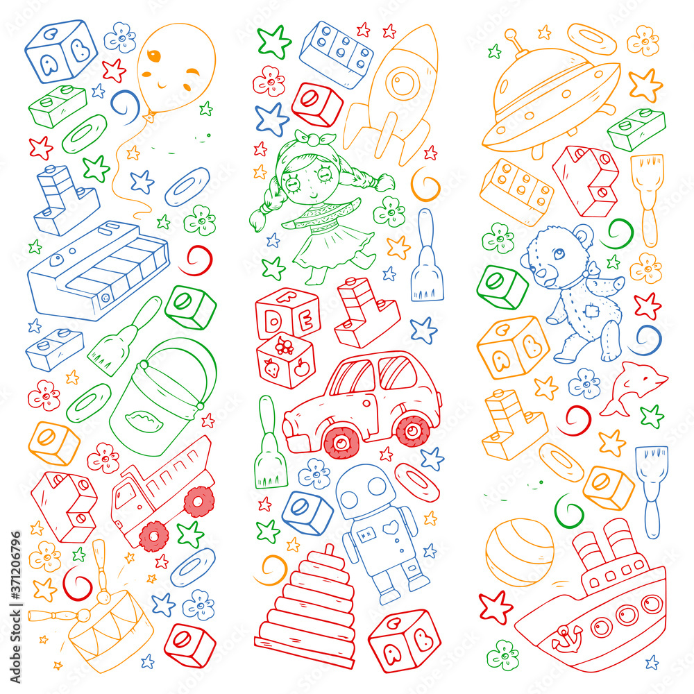 Set of vector toys for little children. Ufo, submarine. Cartoon dinosaur. Kindergarten kids.
