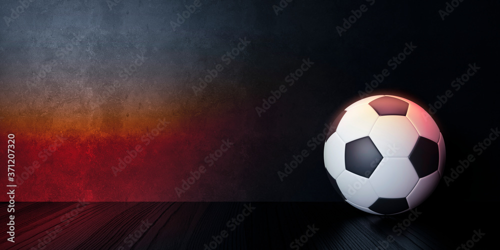 Fototapeta premium soccer ball on dark room background billboard banner template mockup with place for text and logo