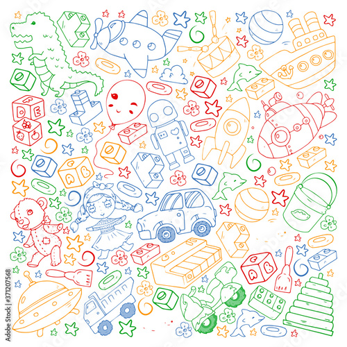 Set of vector toys for little children. Ufo, submarine. Cartoon dinosaur. Kindergarten kids.