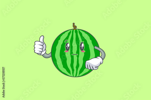 REALLY, ATTENTIVE, Curios Face Emotion. Thumb Up Hand Hand Gesture. Watermelon Fruit Cartoon Drawing Mascot Illustration.