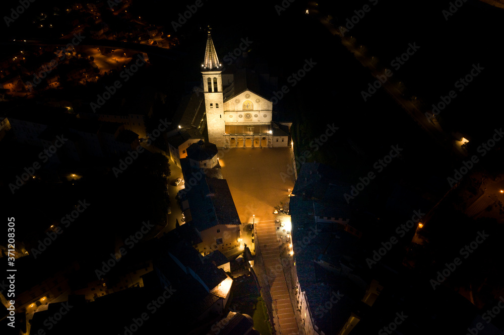 night aerial view of spoleto cathedral umbria italy