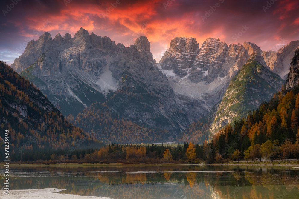 Monte Cristallo Mountains in Dolomites at sunrise, South Tyrol. Italy