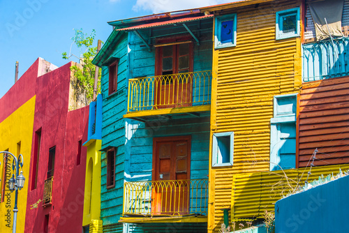 BUENOS AIRES / ARGENTINA - 05/04/2019: Colorful old buildings in the famous Neighborhood Caminito, La Boca in Argentina