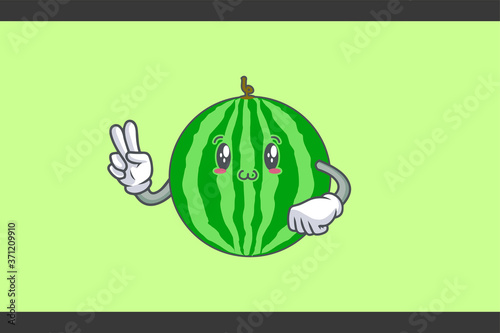 SMILING, HAPPY, UWU Face Emotion. Peace Hand Gesture. Watermelon Fruit Cartoon Drawing Mascot Illustration. photo