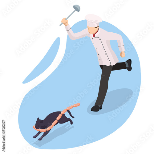 Isometric The chef drives away the black cat who stole the sausages. The cat runs away with a sausage in its mouth.