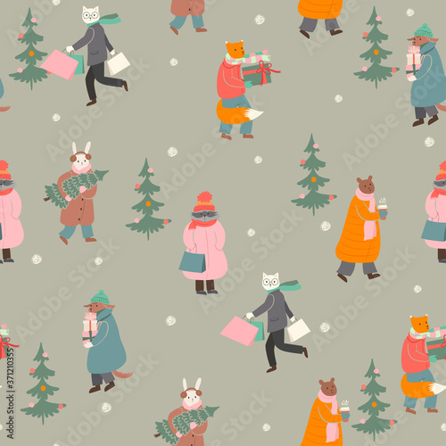 Christmas seamless pattern. The animals are preparing for the winter holidays. Vector graphics.