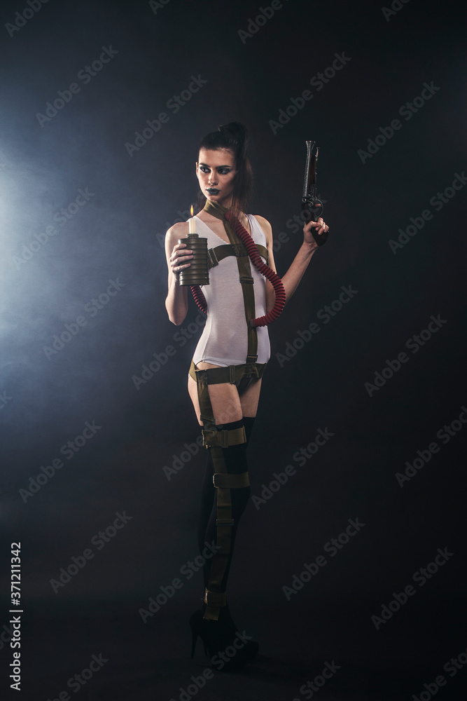 girl in a white bodysuit and black stockings with a knife and a gun. style post apocalypse
