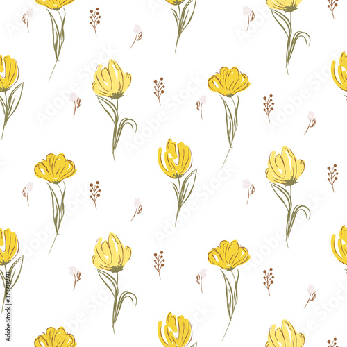 Hand drawn yellow big tulips on white seamless background.