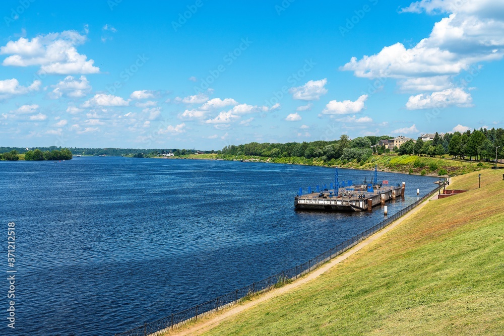 Russia, Uglich, July 2020. Bank of the Volga river on a bright sunny day.
