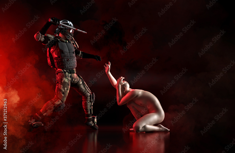 Special police unit forces against peaceful protester. Activists arrest and torture. Protests in Belarus 2020, freedom to political prisoners, political crisis, human rights, democracy 3D illustration - obrazy, fototapety, plakaty 