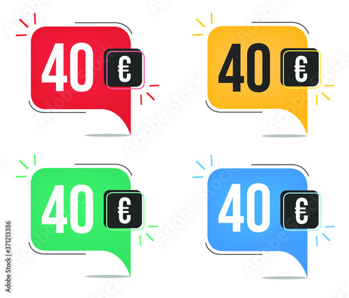 €40 euro price. Yellow, red, blue and green currency tags. Balloon concept with forty euros for sales.