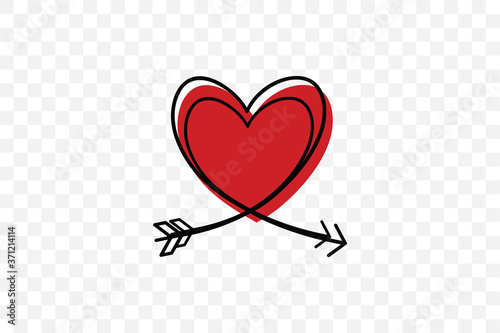 Two Cupid s arrows in the continuous drawing of lines in the form of a heart in a flat style. Continuous black line. Work flat design. Symbol of love and tenderness.