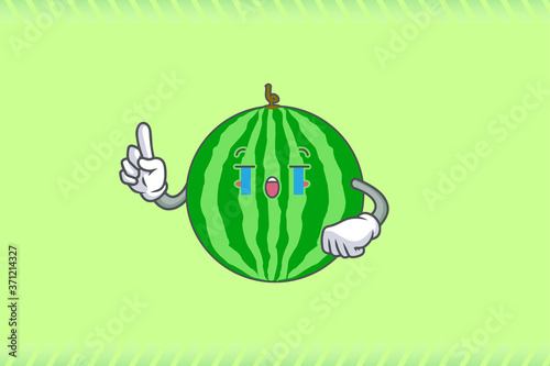 CRYING, SAD, SOB, CRY Face Emotion. Forefinger Hand Gesture. Watermelon Fruit Cartoon Drawing Mascot Illustration.