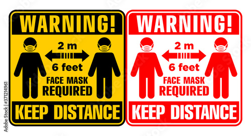 Social Distancing icon. Keep Distance 6 Feet or 2 m warning sign. Face mask required. Illustration, vector.