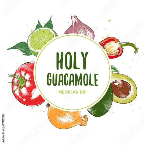 Vector vintage background with engraved hand drawn sketches of guacamole ingredients. Organic craft vegetables and spices illustrations. Mexican cuisine top view frame. Food menu design template.