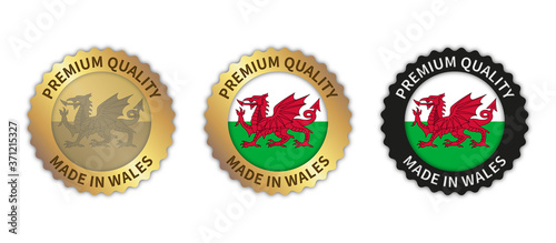Set of 3 "Made in Wales" vector icons. Illustration with transparent background. Country flag encircled with gold/black stamp. Sticker/logo for product/website.	