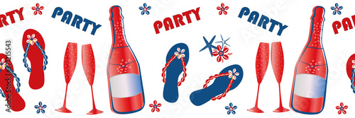 Party flip flop shoe vector border. Red, blue, white banner with text, sandals, champagne bottles, glasses, star fish. Lively Americana color design for beach or vacation themed celebration concept