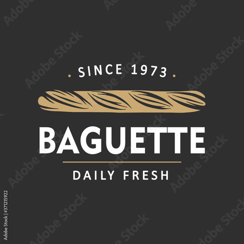 Vintage style bakery shop simple label, badge, emblem, logo template. Graphic food art with engraved baguette design vector element with typography. Linear organic bread on black background.