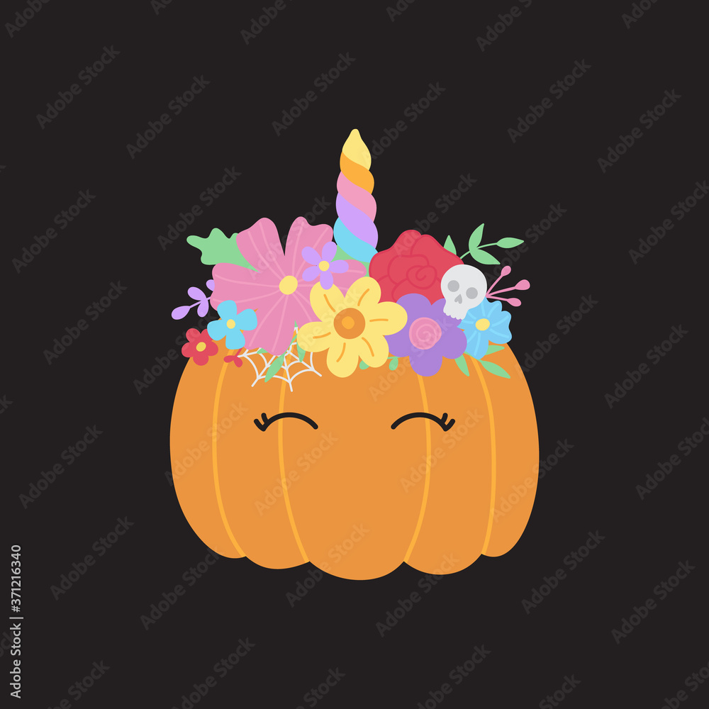 Fototapeta premium Halloween pumpkin vector hand drawn illustration. Cute orange carved unicorn pumpkin with flowers and leaves on top, flower headband. Isolated.