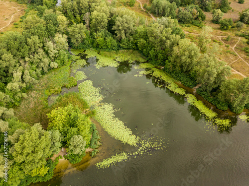 Aerial view. Green bank of the Dnieper river on a summer day. © Sergey