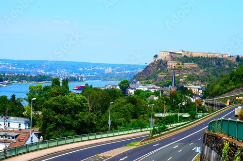 Koblenz: Straße durch Pfaffendurch mit Blick auf die Festung Ehrenbreitstein photo