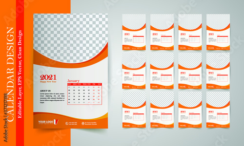 2021 happy new year calendar layout template design, 2021 calendar template Free, 2021 modern calendar layout, Abstract orange 2021 calendar template