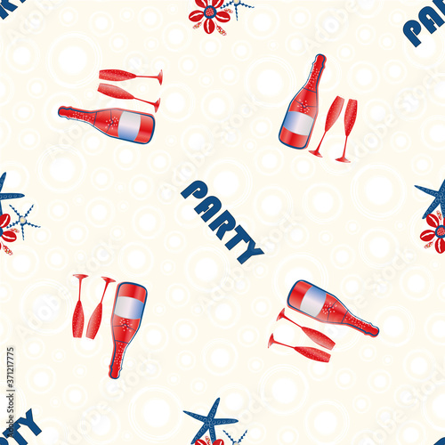 Vector Champagne bubbles party greeting seamless pattern background. Text,bottles, fizzing glasses, starfish, shells on bubble textured backdrop. Spacious all over print for beach event celebration