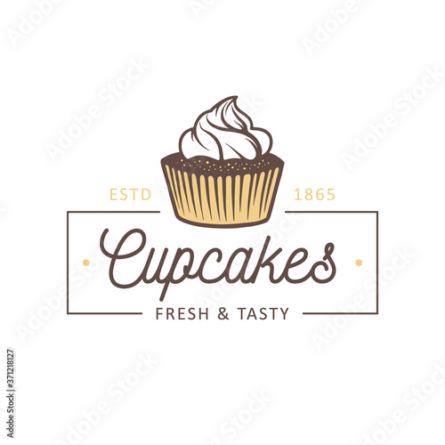 Vintage style bakery shop simple label  badge  emblem  logo template. Graphic food art with engraved cupcake design vector element with typography. Linear organic pastry on white background.