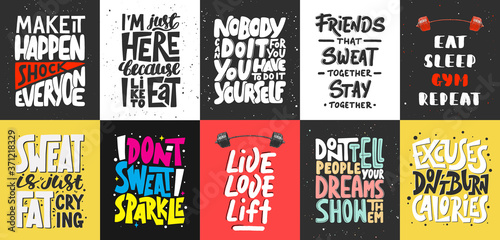 Set of 10 motivational and inspirational lettering posters, decoration, prints, t-shirt design for sport, gym or fitness. Hand drawn typography. Handwritten lettering. Modern ink brush calligraphy.