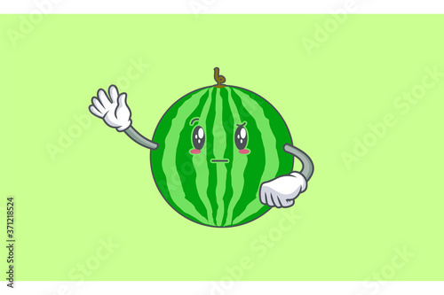 REALLY, ATTENTIVE, Curios Face Emotion. Waving Hand Gesture. Watermelon Fruit Cartoon Drawing Mascot Illustration.