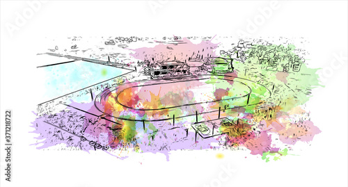 Building view with landmark of Ambala, is a city and a municipal corporation in Ambala district in the state of Haryana. Watercolor splash with hand drawn sketch illustration in vector.